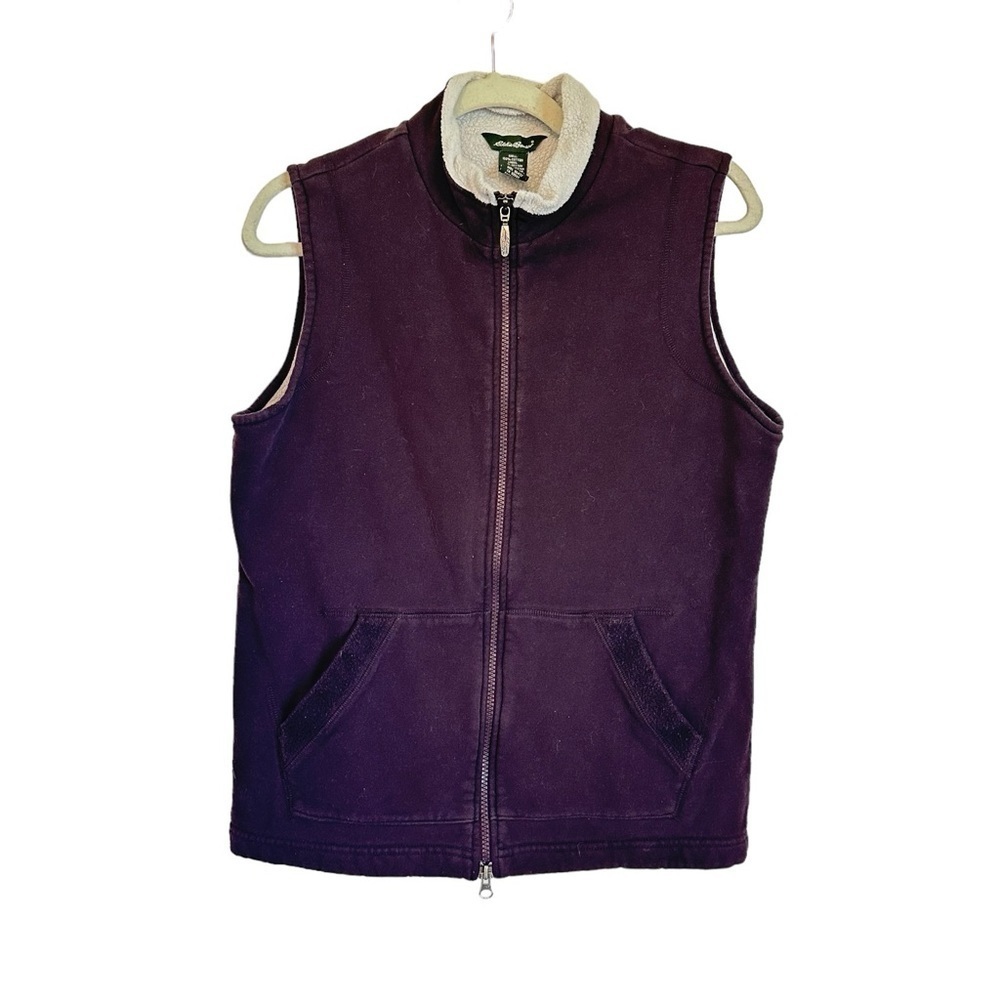 Eddie Bauer 100% cotton fleece lined purple vest warm cozy full zip side pockets